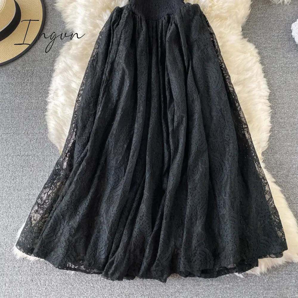 Ingvn - Vintage Purple/Green/Red Lace Midi Dress Women Sweet Round Neck Ruffle Vestidos Female High Waist Slim Robe Spring Autumn
