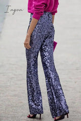 Ingvn - Casual Solid Sequins Straight Mid Waist Speaker Solid Color Bottoms