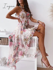 Ingvn - 2023 Fashion Women Summer Princess Dress Bohemian Sling Backless Deep V-Neck Floral Printing Ladies Dress Zipper Irregular Dress Streetwear