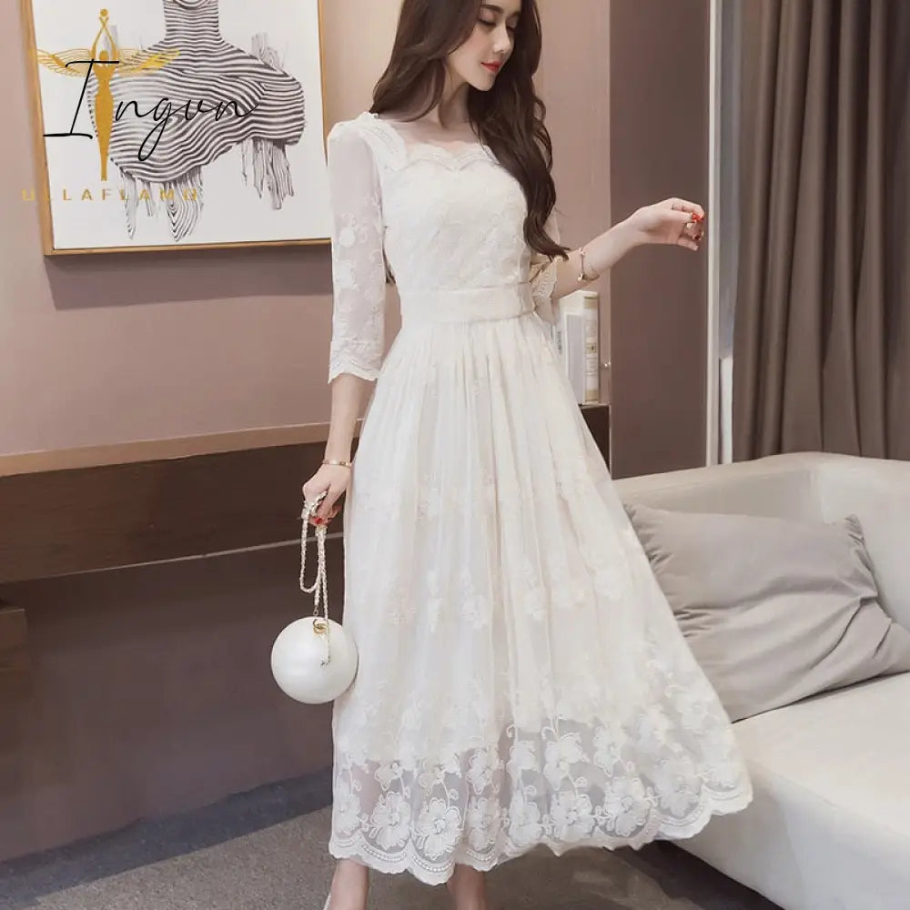 Ingvn - Fashion Trends Sexy Lace Ruffled Hollow Out See Through Evening Party Dress Elegant Temperament Mesh Solid Nightclub Splice  Robes Vestidos