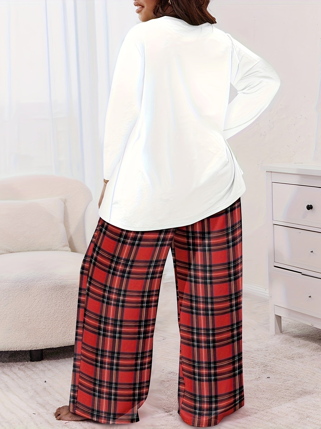 Plus Size Cozy Loungewear Set - Stylish Womens Plaid Heart & Letter Print Long Sleeve Crew Neck Tee and Wide Leg Pants Pajamas Two Piece Set for Casual Relaxation at Home