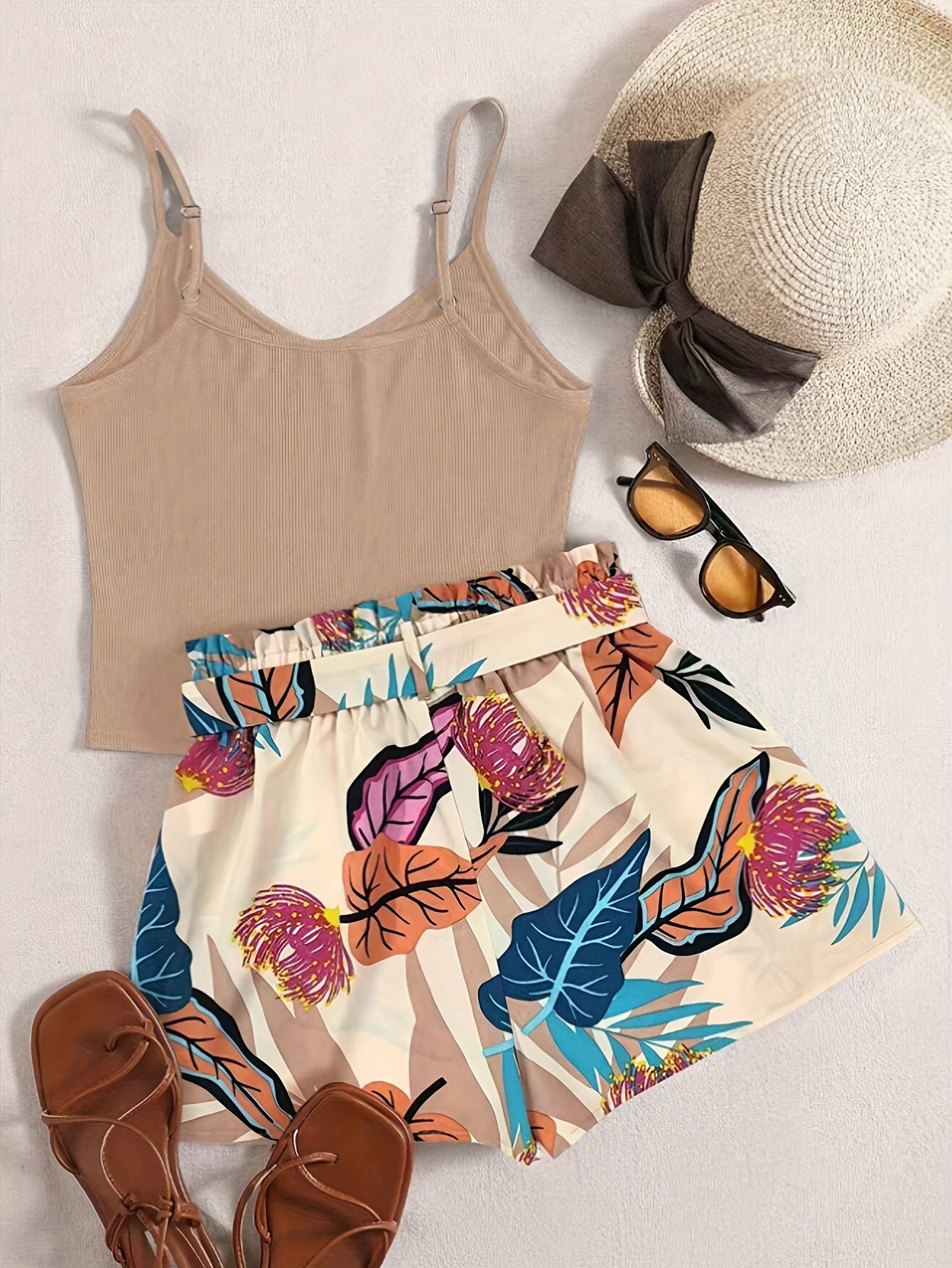 Lightweight Womens Vacation Shorts Outfit Set - Sleeveless V-Neck Cami Top with Vibrant Plants Print & Belted Paperbag Waist Loose Shorts - Effortless Summer Style Two-Piece Ensemble