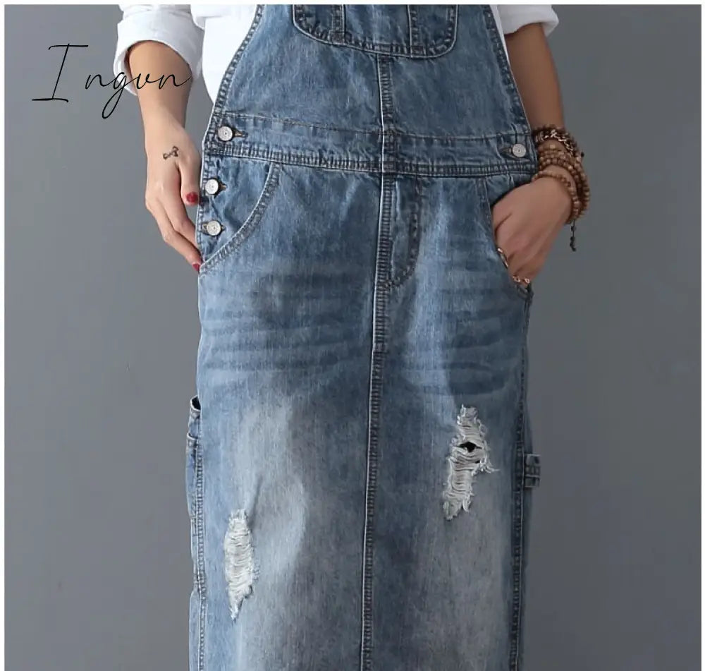 Ingvn - Fashion Maxi Denim Dress Summer Ladies Suspenders Holes Jean Dresses Female Loose Plus Size 5XL Bib Blue cowboy Long Dress 8075