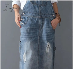 Ingvn - Fashion Maxi Denim Dress Summer Ladies Suspenders Holes Jean Dresses Female Loose Plus Size 5XL Bib Blue cowboy Long Dress 8075