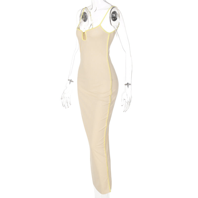 Bright Line Decoration Slip Backless U Neck Skinny Maxi Dress Spring Bodycon Fashion Y2K Streetwear Outfits