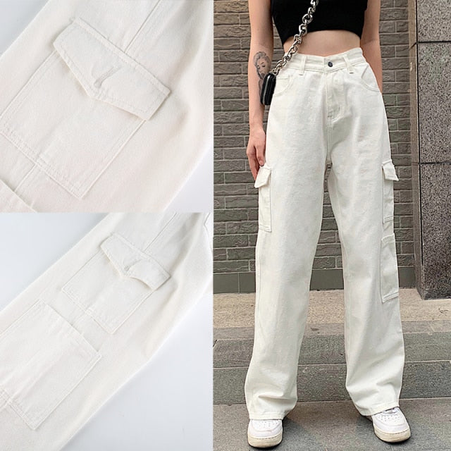 Rockmore Brown Vintage Baggy Jeans Women 90s Streetwear Pockets Wide Leg Cargo Pants Low Waist Straight Denim Trousers