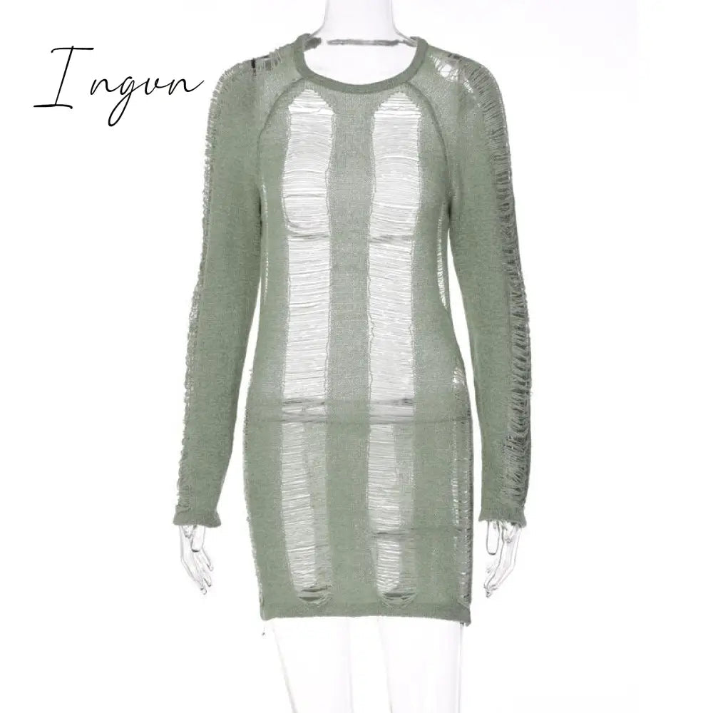 Ingvn - Fashion Trends Round Collar See Through Dress Women Sexy Long Sleeve Elegant Beachwear Hollow Out Backless Knitted Female Dress Summer