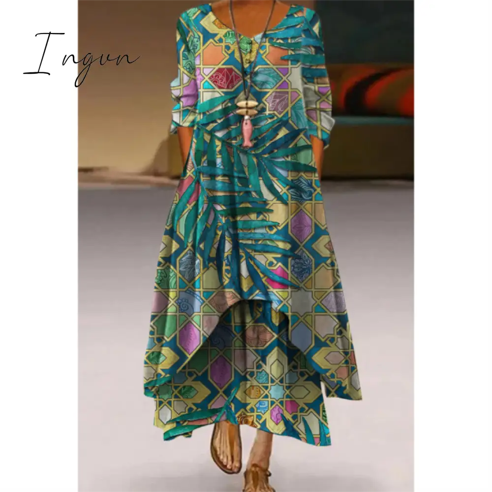 Ingvn - Fashion Summer Maxi Dress Women's Printed Sundress Casual Short Sleeve Vestidos Female High Waist Robe Femme midi elbise