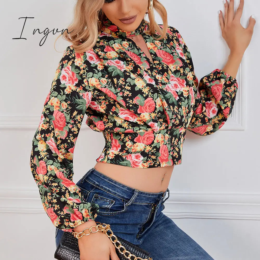 Ingvn - Cropped Floral Print Smocked Waist Blouse