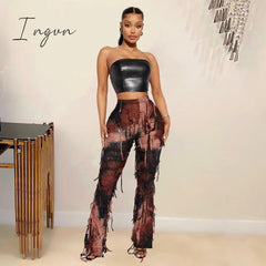 Ingvn - Perl Tassel Stretch Straigh Pants for Women Tie Dye Printed Bodycon Trousers Fashion Capris 2023