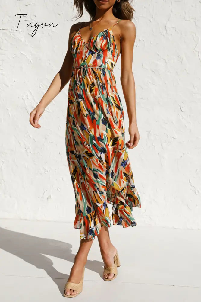Ingvn - Fashion Print Patchwork Spaghetti Strap Cake Skirt Dresses
