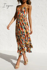 Ingvn - Fashion Print Patchwork Spaghetti Strap Cake Skirt Dresses