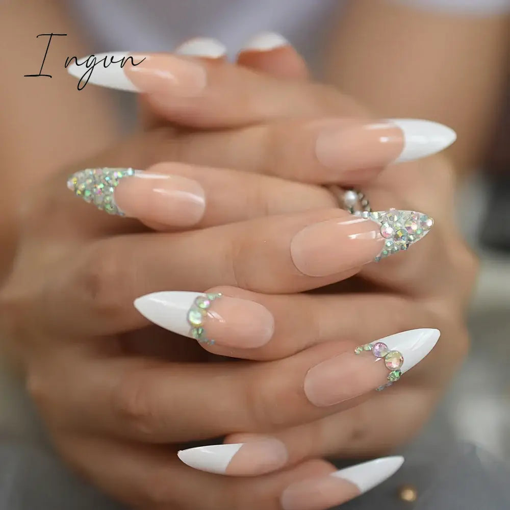 Extra Long Stiletto Press on False Nails Full Cover 3D Rhinestone Fake Nails Manicure Nail Art Tips Set for Wedding Party