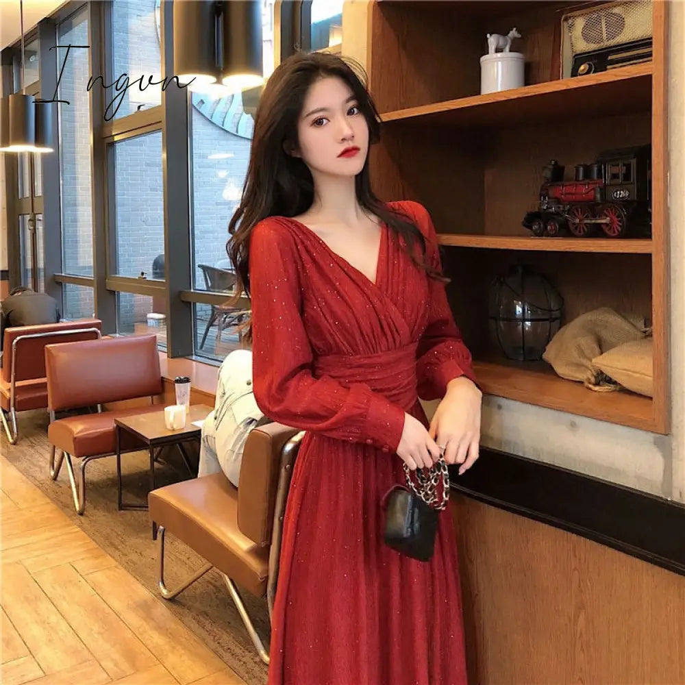 Ingvn - Women Dress Autumn V-Neck Long Sleeve Shiny Midi Dress A-Line Evening Night Party Elegant Dress Red Black Pink vestidos