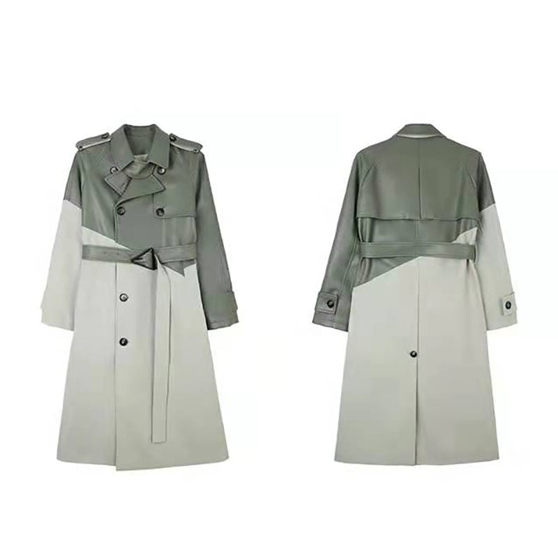 Women's Coat Spring Autumn Windbreaker Jacket Female Green Trench Quality Clothing Leather Stitching Windproof Long Ladies Cloak