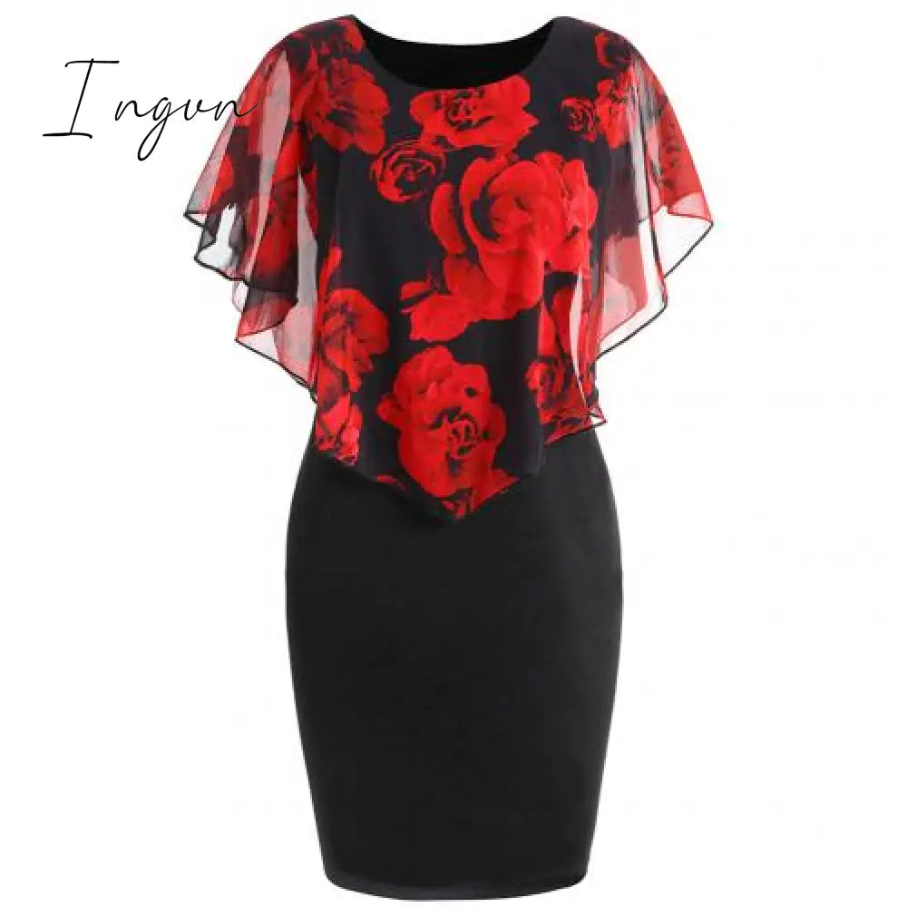 Ingvn - Plus Size Womens Dress Elegant Office Lady Rose Flower Print Cape Bodycon Knee Length Dress