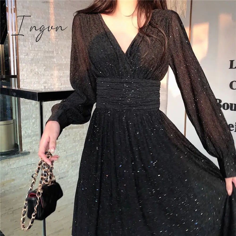 Ingvn - Women Dress Autumn V-Neck Long Sleeve Shiny Midi Dress A-Line Evening Night Party Elegant Dress Red Black Pink vestidos