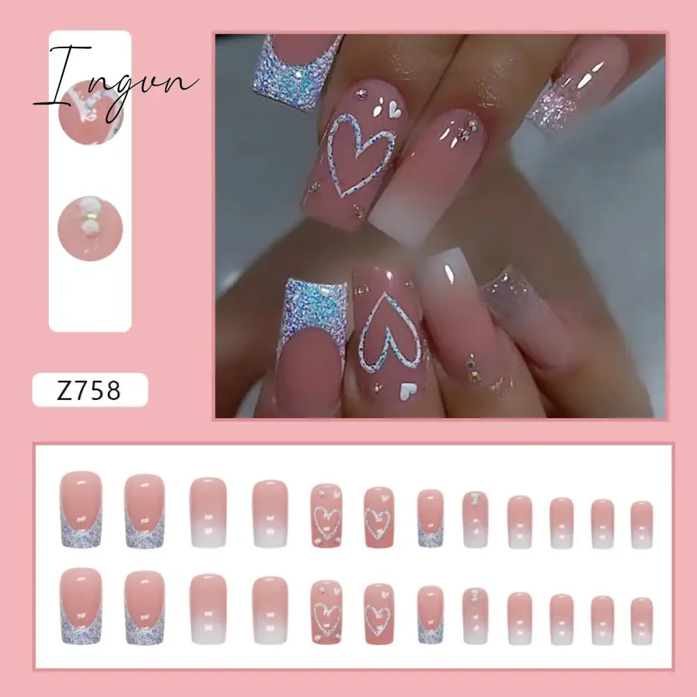 24pcs/Box Gradient Nail Art Patches False Nails Short Square Nail Blue Starry Glitter Teardrop Diamond Fake Nail Tips