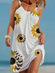 Sunflower Print Cami Dress, Vacation Sleeveless Loose Dress For Summer, Women's Clothing
