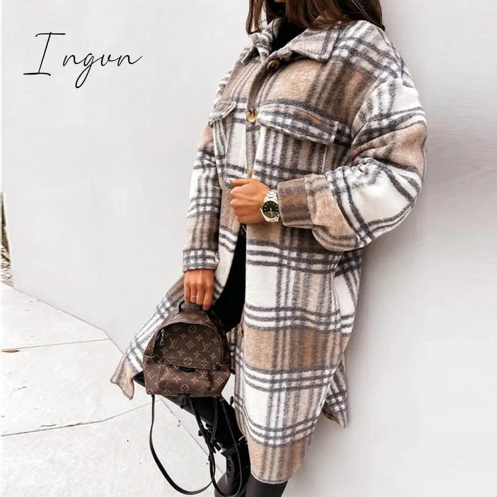 Ingvn - Women Plaid Printed Warm Jacket Autumn Winter New Fashion Casual Long Overcoat Pop Lapel Lady Single Breasted Shirt Coats
