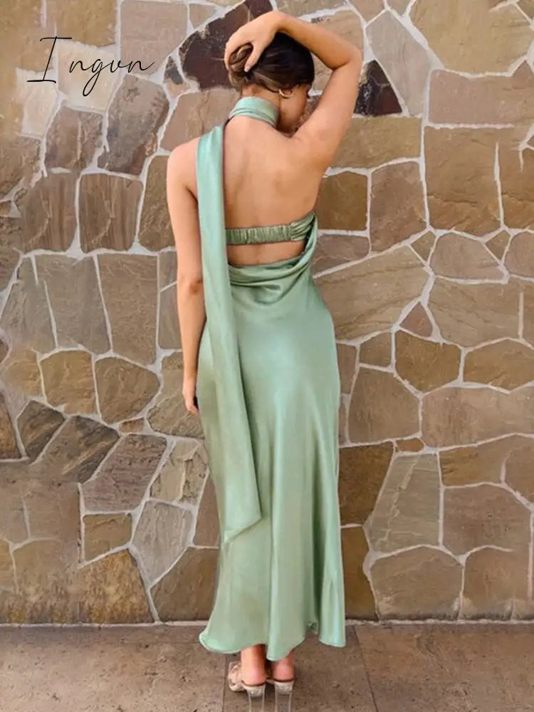 Ingvn - Backless Sexy Maxi Dress Women Halter Strapless Off-shoulder Sleeveless Dresses Elegant Party Club Evening Dress 2023