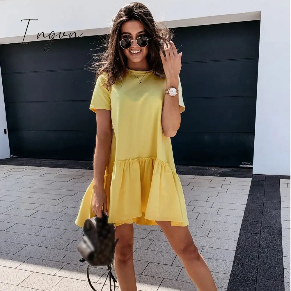 Ingvn - Fashion Trends Loose Casual Short Sleeve Mini Dress Women Summer O-neck White Black Ruffles Big Hem Beach Dresses For Woman Femme Robe