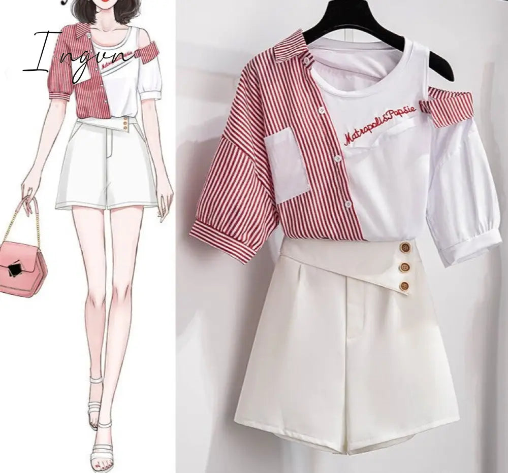 Ingvn - 2 pieces shorts sets summer Sweet Korean off shoulder striped patchwork tops and shorts 2 pieces sets women two pieces outfits