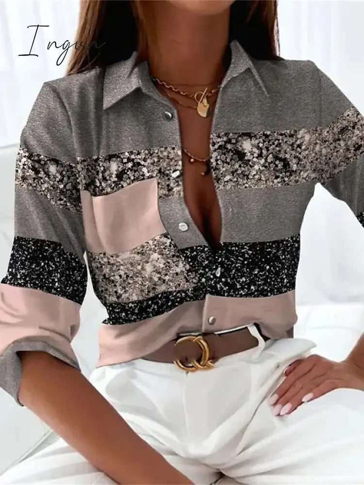 Ingvn - Women's Shirt Blouse Black Gray Color Block Button Print Long Sleeve Casual Basic Shirt Collar