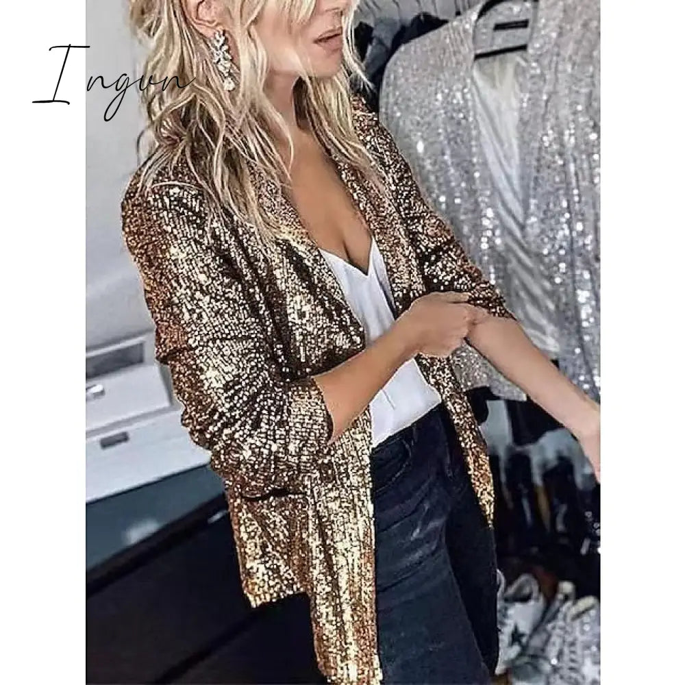 Ingvn - Women's Blazer Sequins Coat Sparkle Coa White Black Gold Open Front Long Sleeve,Sequin Jacket Shine Bright Like Diamond tParty Evening Spring Autumn Regular Fit S M L XL XXL