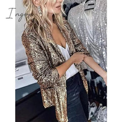 Ingvn - Women's Blazer Sequins Coat Sparkle Coa White Black Gold Open Front Long Sleeve,Sequin Jacket Shine Bright Like Diamond tParty Evening Spring Autumn Regular Fit S M L XL XXL