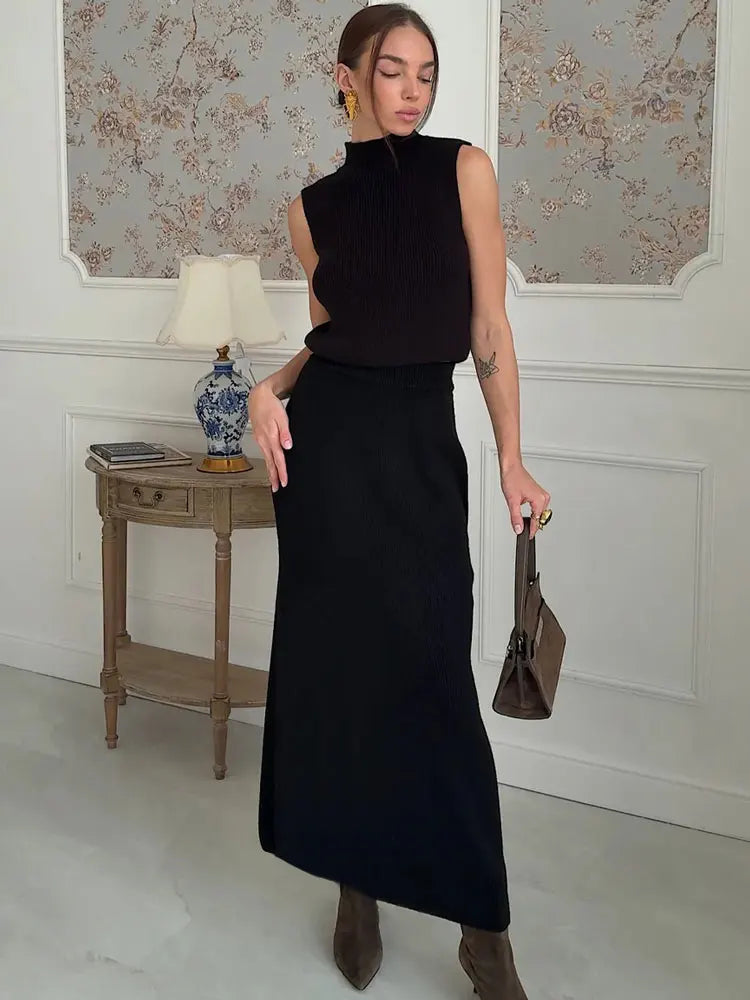 Elegant Knitwear 2 Piece-Set Long Dress Female Ribbed Sweater Pullover And Loose Patchwork Maxi Skirt Sets Ladies Outfits