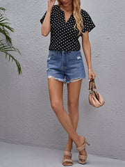 Women's Casual Fashion V-Neck Blouses - Polka Dot Print Short Sleeve Loose Fit Tops