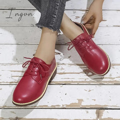 Ingvn - Women's Oxfords Daily Block Heel Round Toe Casual Minimalism PU Leather Lace-up Solid Colored Black Red