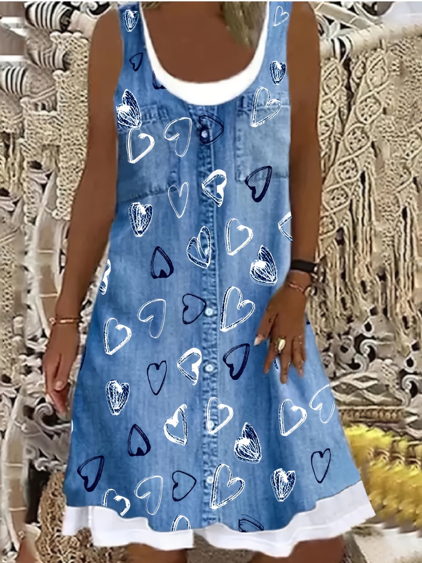 Plus Size Floral Denim Charm - Womens Casual Round Neck Loose Tank Dress with Boho Style - Comfortable & Fashionable for All Seasons