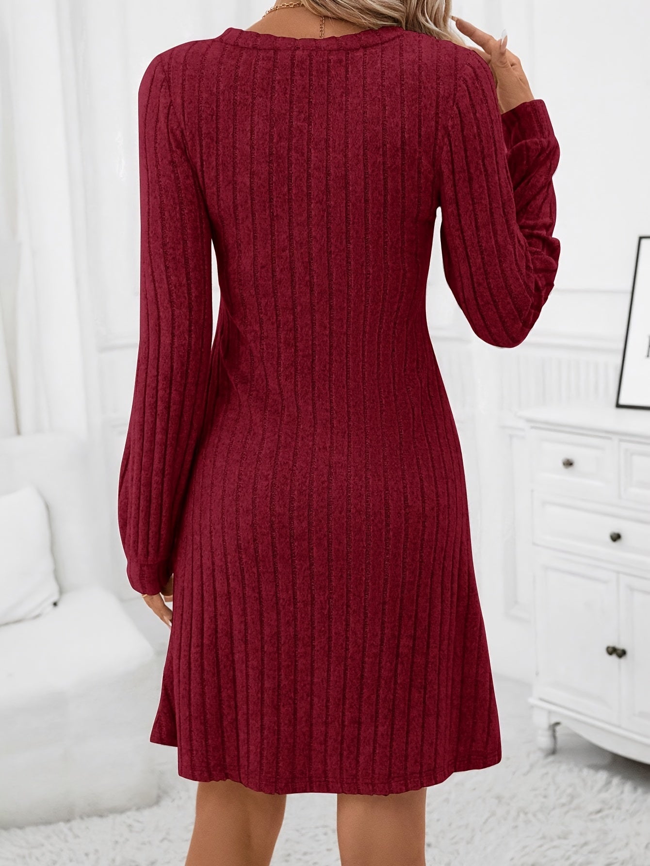 Elegant Ribbed V Neck Dress - Stylish Long Sleeves, Flattering V Neckline, Soft Ribbed Texture - Womens Formal and Semi-Formal Clothing for Comfort and Style