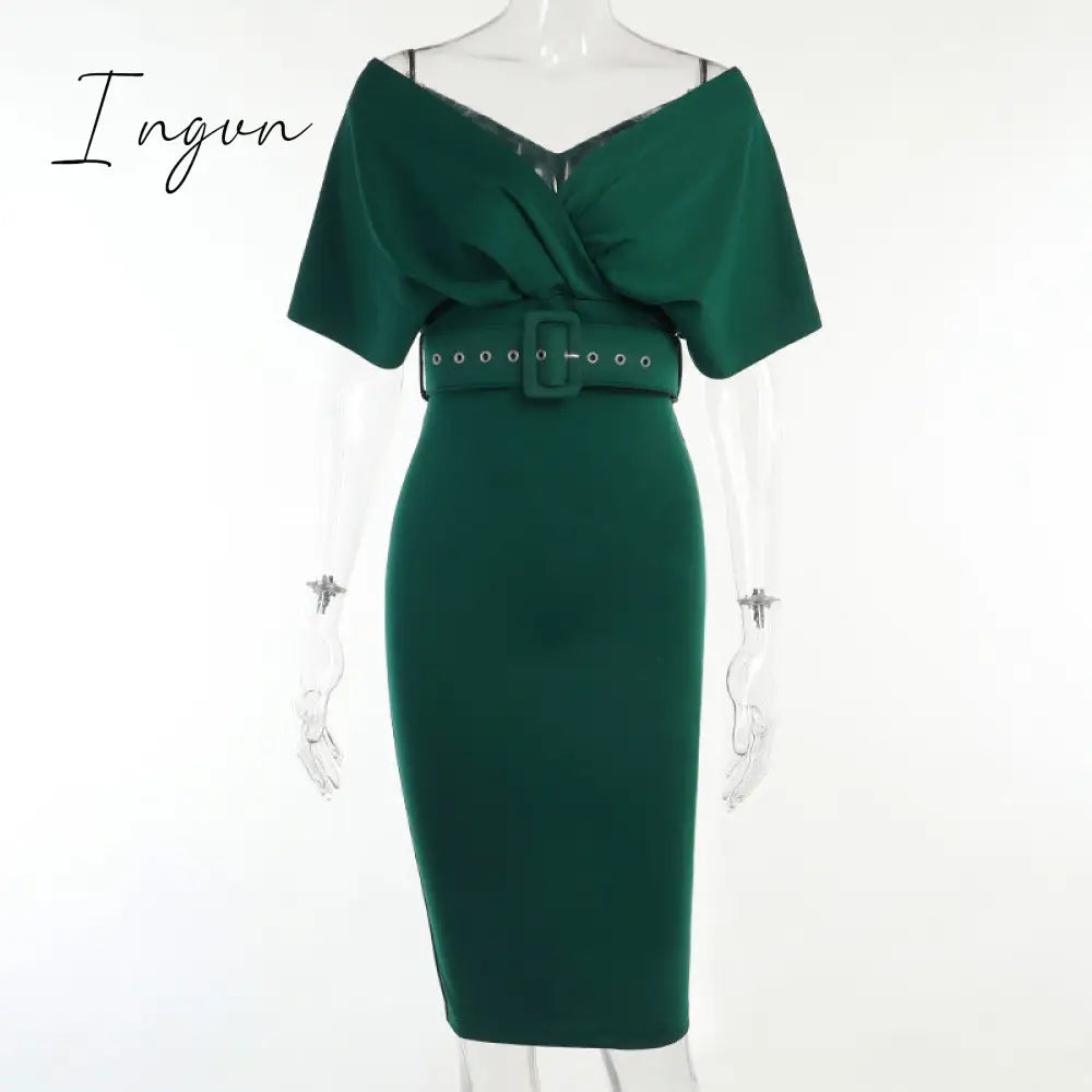 Ingvn - Women Sexy Elegant Off The Shoulder Dresses Autumn Summer Vintage Streetwear Club Party Female V-Neck Dress With A Belt