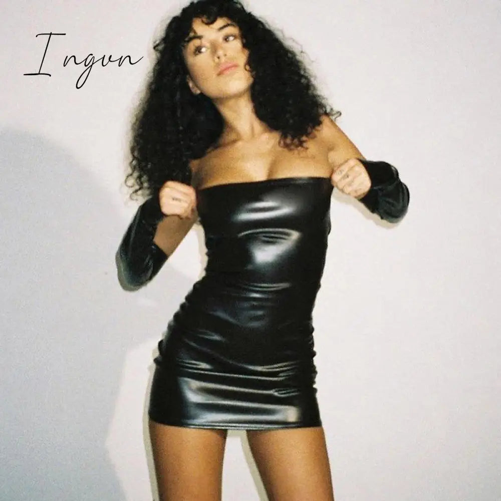 Ingvn - Faux PU Leather With Gloves Party Dress Women Backless Sexy Hot Clubwear Skinny Slim Solid Fashion Bodycon Mini Dresses