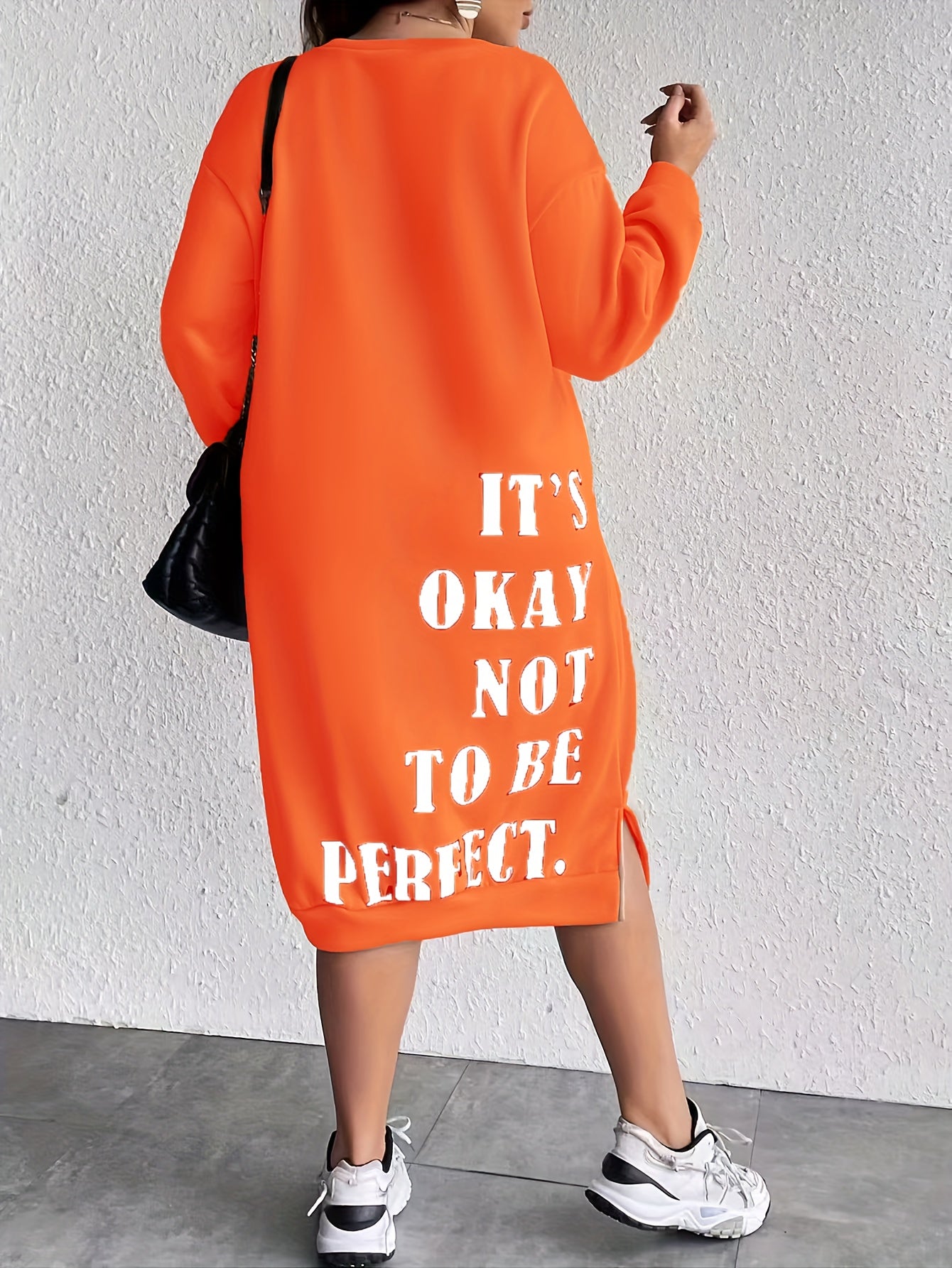 Midi Plus Size Casual Slogan Print Long Sleeve Round Neck Trapeze Sweatshirt Dress - Soft Medium Stretch Polyester Fabric, Loose Fit, Pullover Style, Machine Washable - Weekend Casual Wear for Fall Season