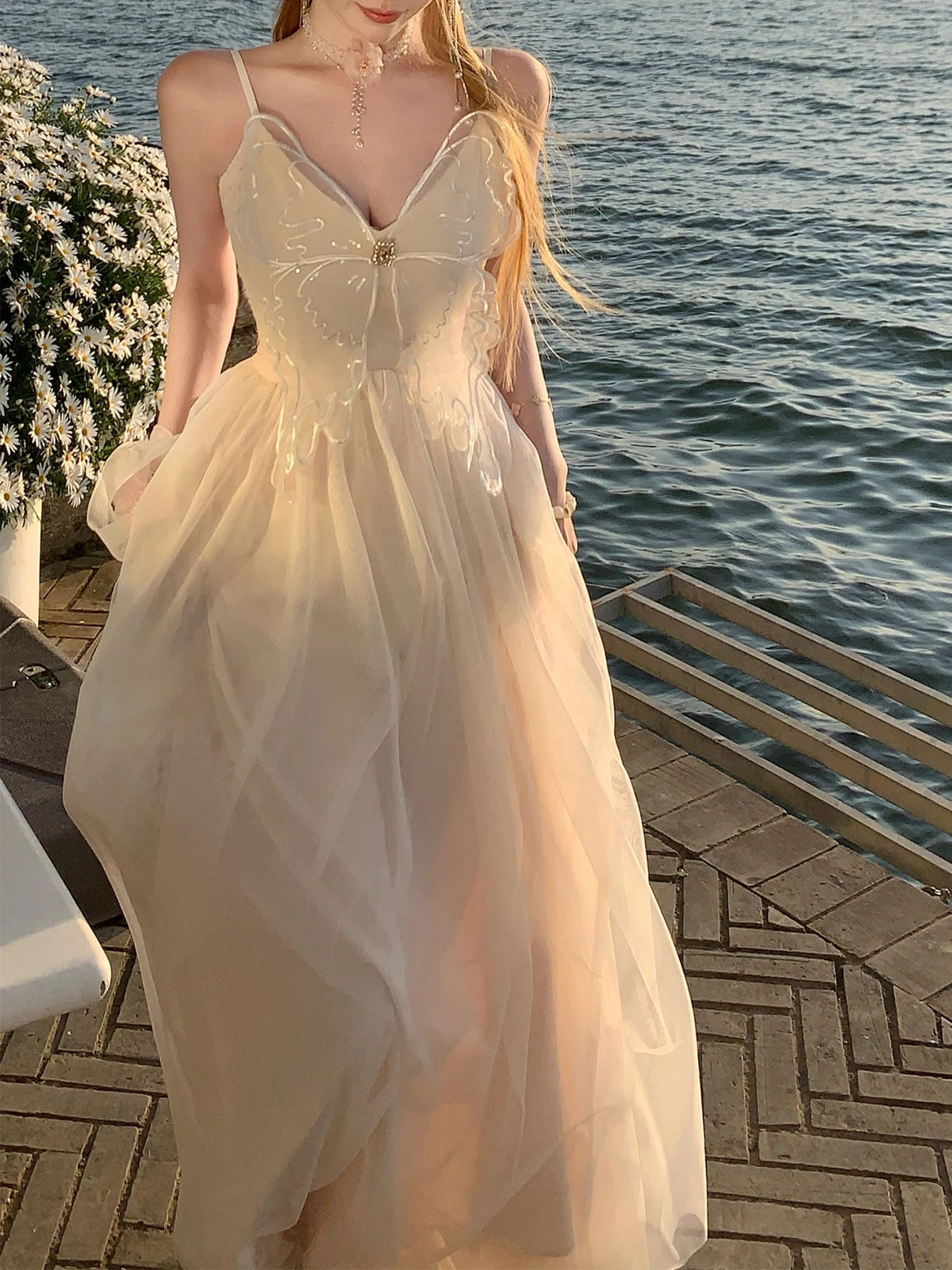 Sexy Bow Mesh Vacation Spaghetti Strap Long Dresses for Women Summer New Elegant Sleeveless Birthday Beach Party Female Clothing