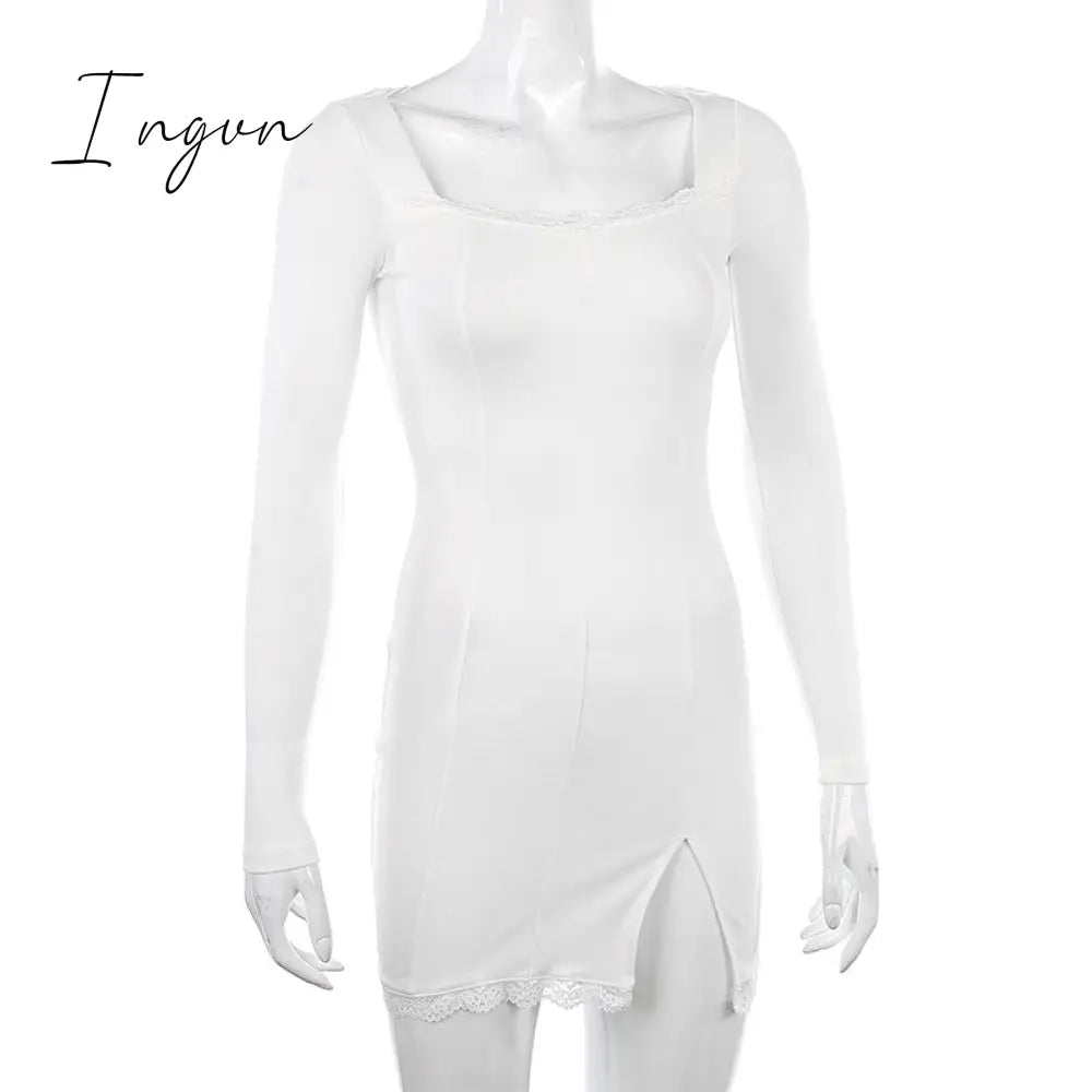Ingvn - Women Winter Dress Women New Arrivals Sexy Long Sleeve Lace Split Black White Solid Party Dresses Vestidos