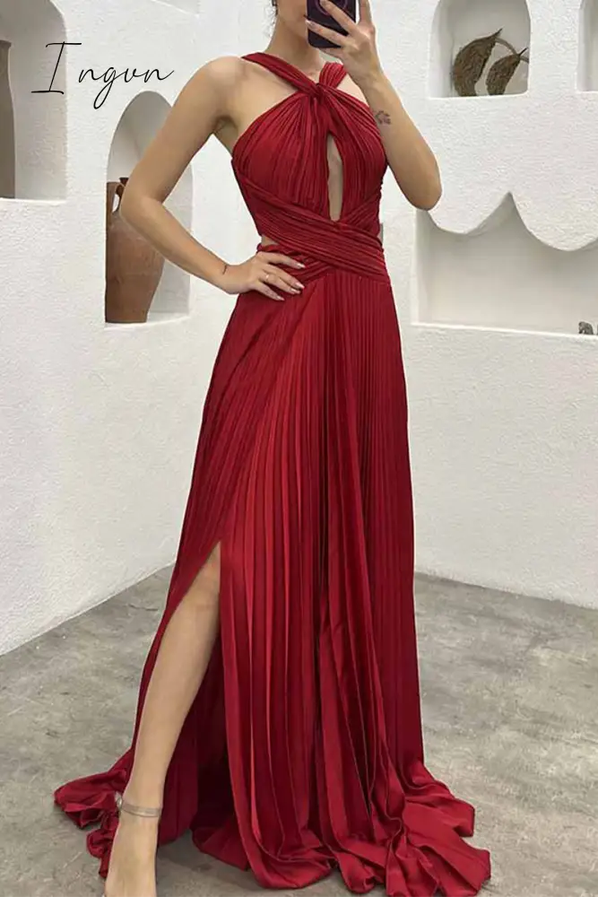 Ingvn - Elegant Solid Fold Halter Evening Dress Dresses