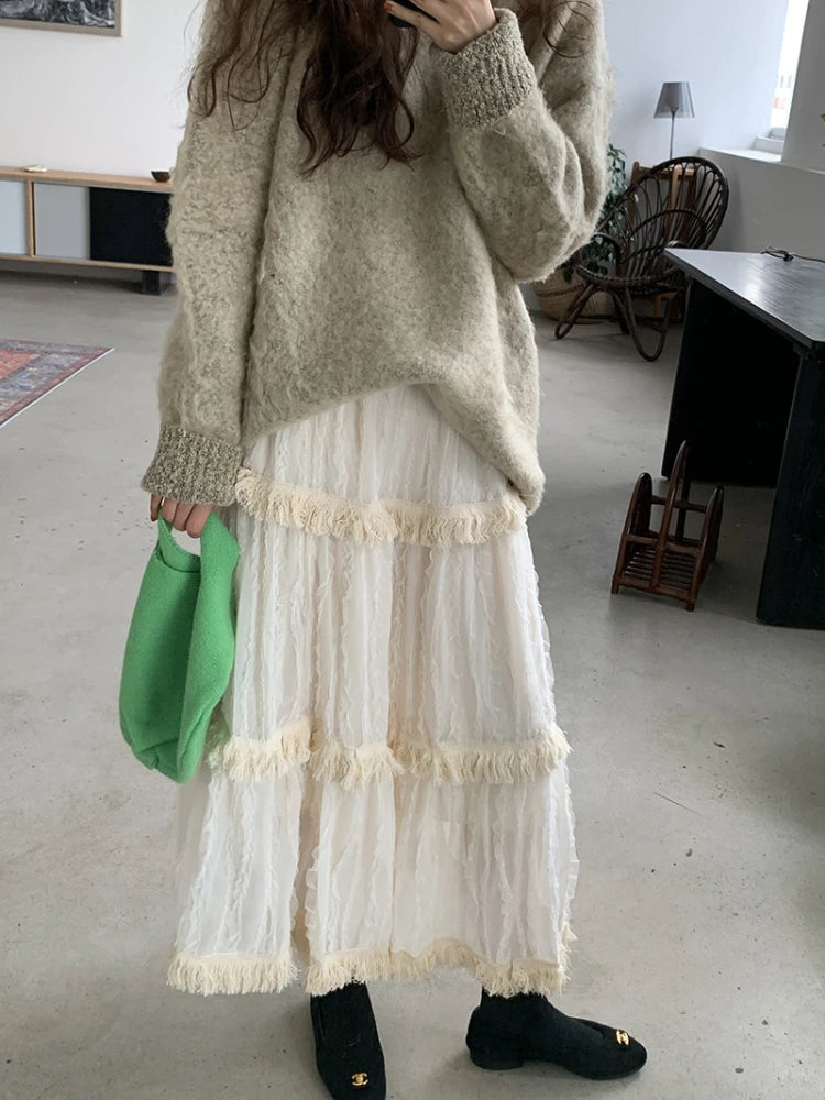 Y2k Clothes Women Cake Dress Tassel Design Skirt Loose Long Skirts Vintage High Waist Korean Fashion Faldas Largas