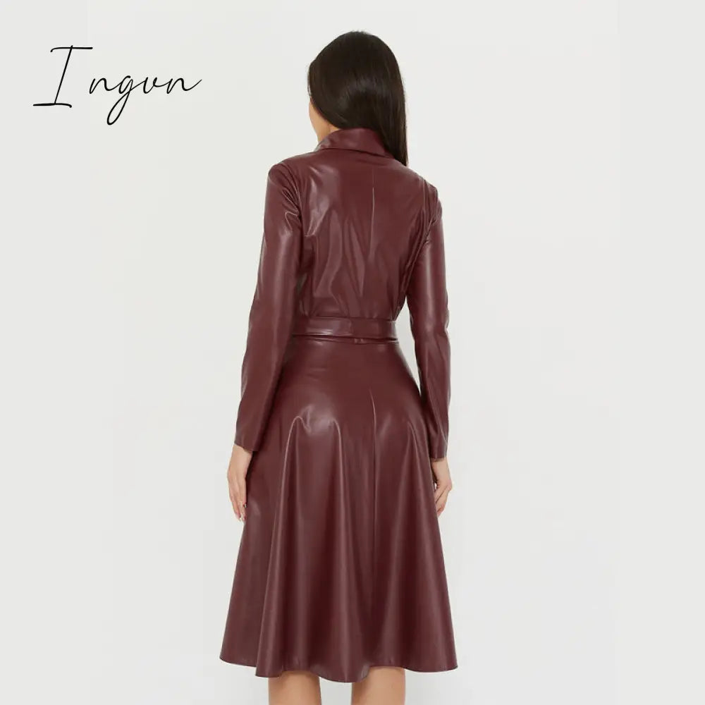 Ingvn - Winter Casual Sashes Pu Leather A-Line Dresses Women Turn-down Collar Long Sleeve Solid Color Knee Dress Office Lady Wear