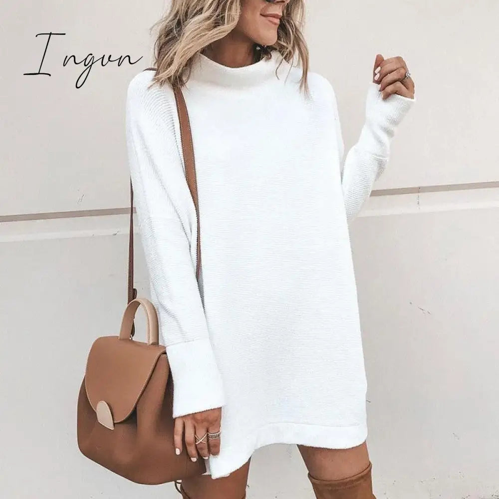 Ingvn - Fashion Dress Women Elegant Chic Solid Color Women's Dresses Office Soft Slim Dresses Female Turtleneck Woman Clothes Plus Size