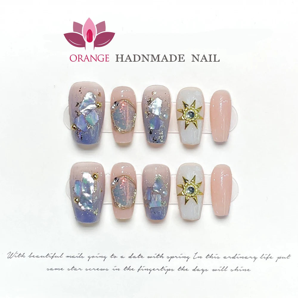 Handmade New Press On Nails Blue Baroque Premium Temperament Reusable Fake Nails Artificial Manicuree Wearable Orange Nail Store