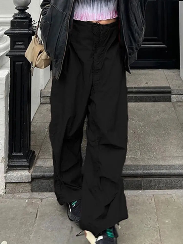 Ingvn - Casual Baggy Wide Leg Sweatpants White Loose Drawstring Low Waist Streetwear Cargo Pants Womens Hippie Joggers Trousers