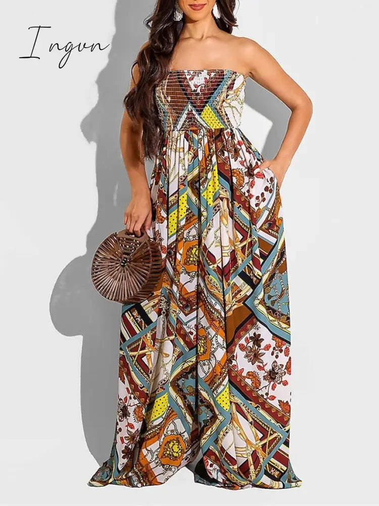 Ingvn - Women's Jumpsuit Pocket High Waist Tie Dye Leopard Strapless Holiday Street Daily Regular Fit Sleeveless Yellow Pink Purple S M L Summer Fall
