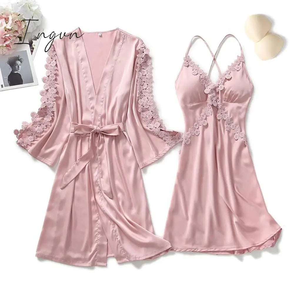 Ingvn - Lace Trim Sexy Wedding Lady Robe Suit Loose Satin Bride Bridesmaid Kimono Bathrobe Gown Mini Sleepwear Rayon Intimate Lingerie