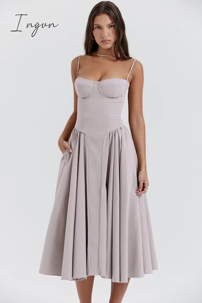 Ingvn - Elegant Women Dress Spaghetti Strap A-line Loose Midi Dresses Female Sleeveless Backless French Retro Long Dress