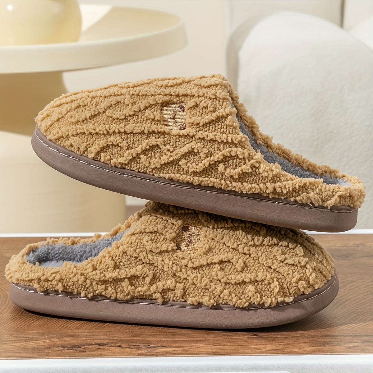 Cozy Stripe Fuzzy Slippers - Soft Fabric Upper, Non-Slip TPR Sole, Slip-On Design, Warm and Plush for Winter, Casual Stripe Pattern, Fabric Insole, Positioning Printing, All-Season Wear